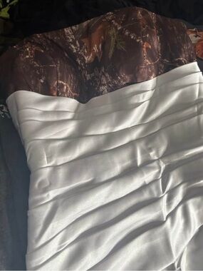 Strapless White Satin Dress with Brown Camouflage Bodice